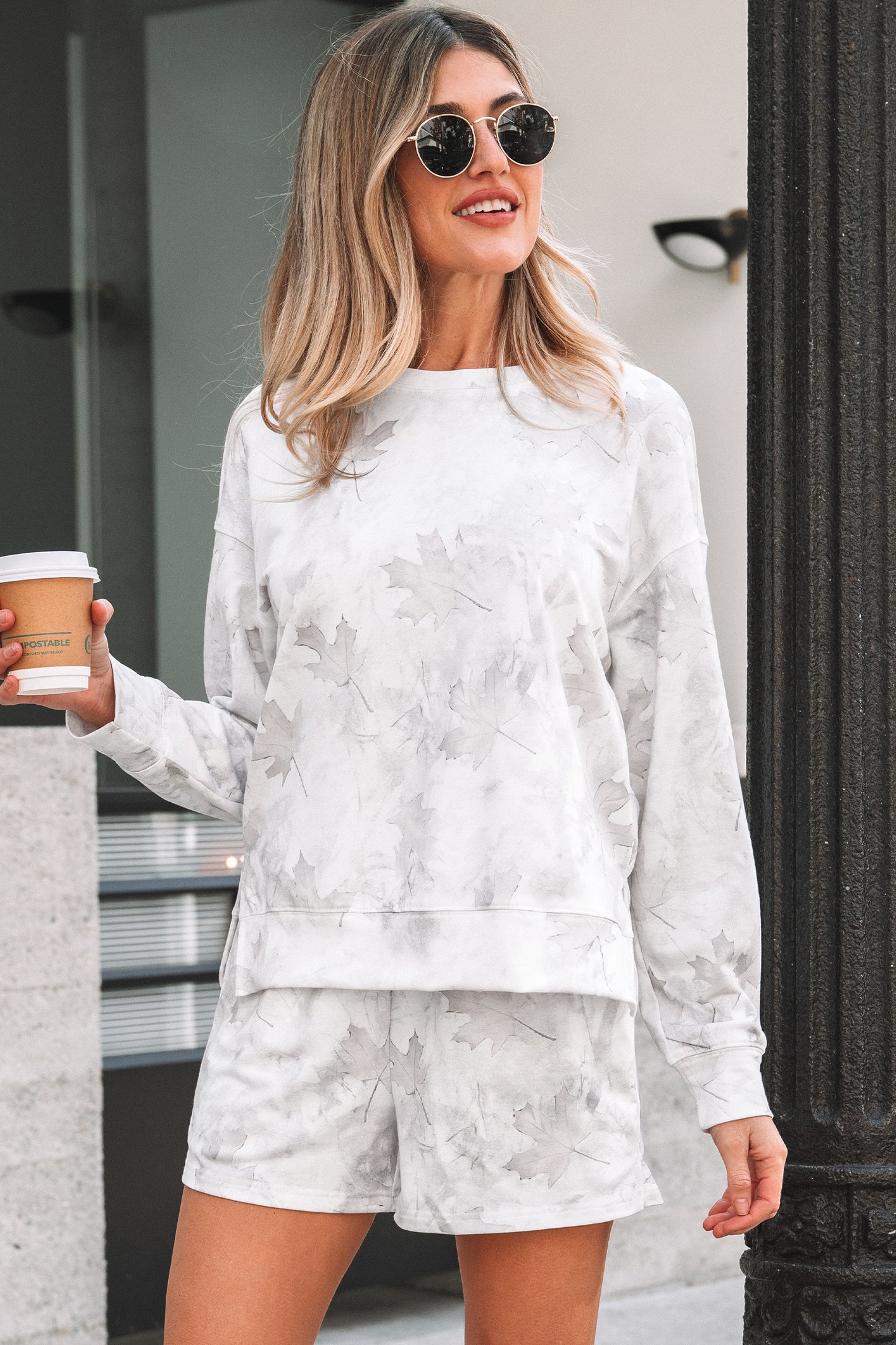 Beige Camo Print Pullover Top and Elastic Waist Casual Short Set