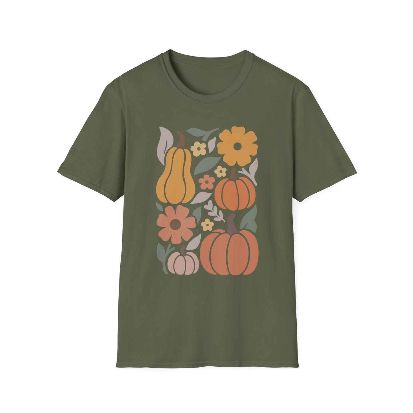 Autumn Floral T-Shirt, Cozy Fall Tee, Harvest Graphic Shirt, Seasonal Gift, Pumpkin and Flower Design, Thanksgiving Apparel
