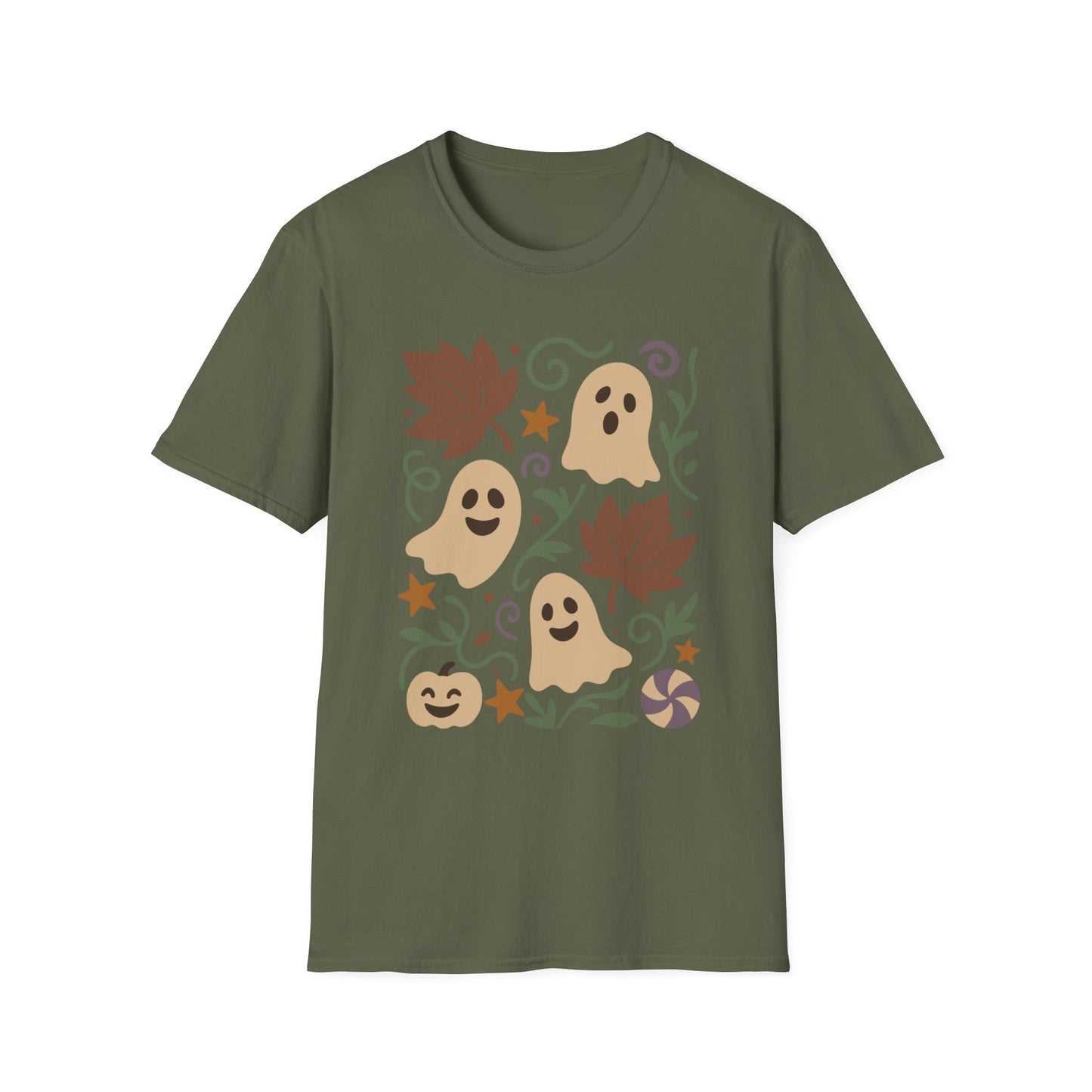 Autumn Ghosts Unisex Softstyle T-Shirt, Fall Fashion, Halloween Tee, Cute Graphic Top, Seasonal Apparel, Festive Wardrobe
