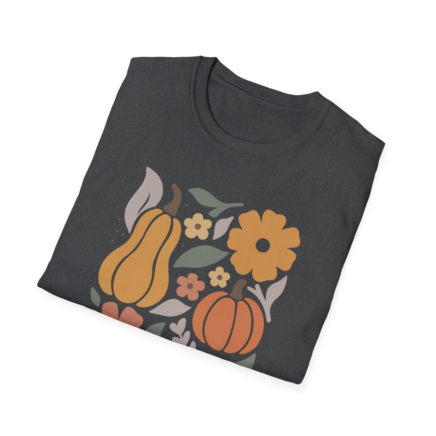 Autumn Floral T-Shirt, Cozy Fall Tee, Harvest Graphic Shirt, Seasonal Gift, Pumpkin and Flower Design, Thanksgiving Apparel