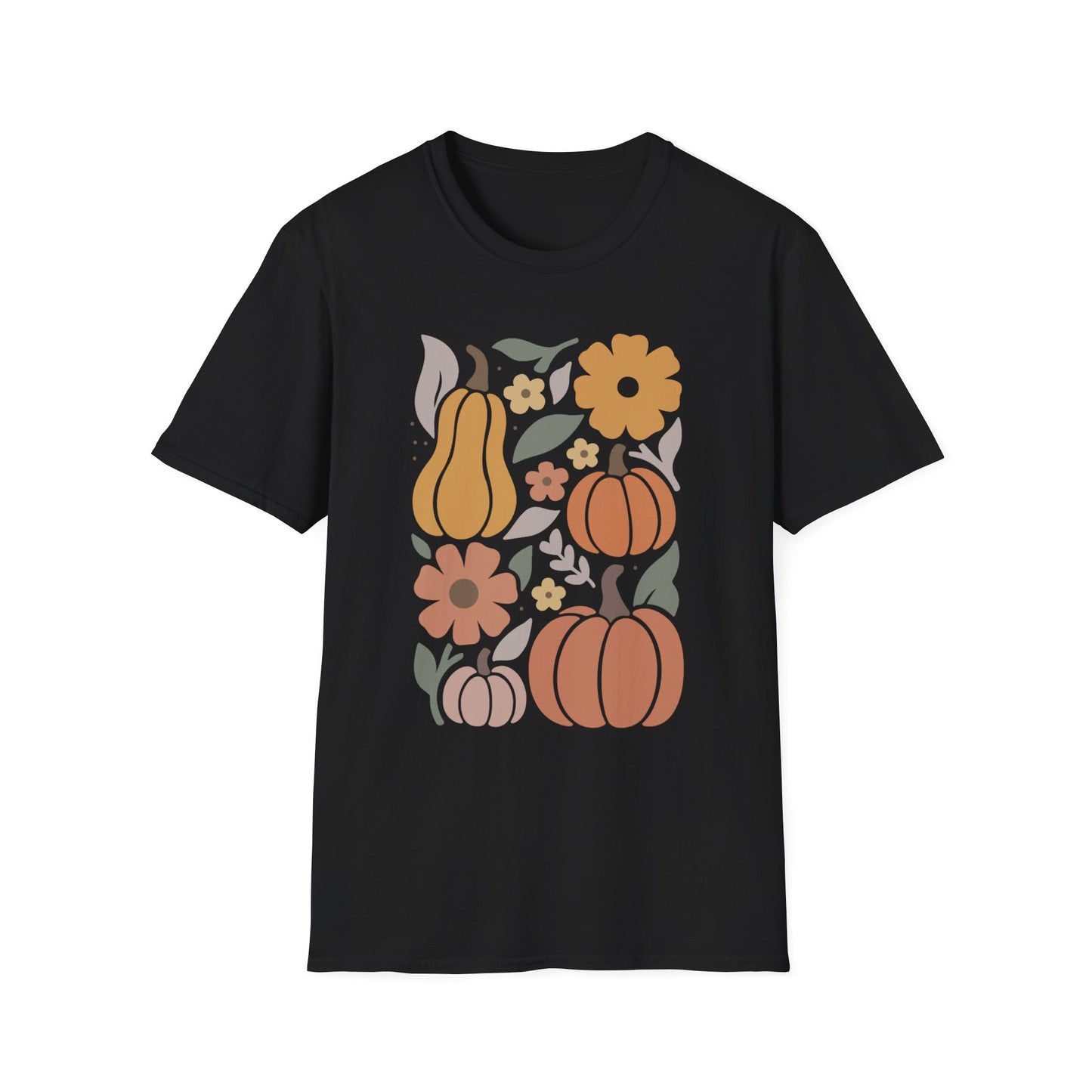 Autumn Floral T-Shirt, Cozy Fall Tee, Harvest Graphic Shirt, Seasonal Gift, Pumpkin and Flower Design, Thanksgiving Apparel