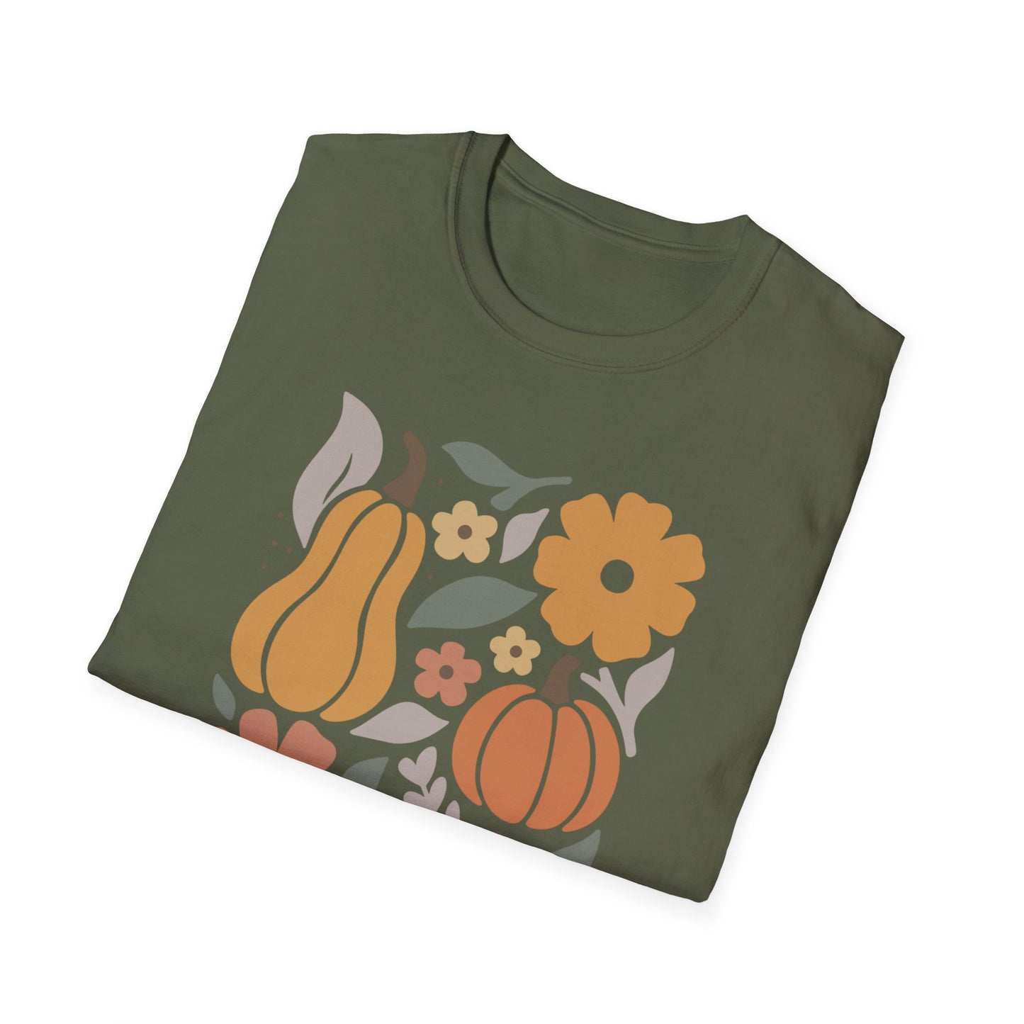 Autumn Floral T-Shirt, Cozy Fall Tee, Harvest Graphic Shirt, Seasonal Gift, Pumpkin and Flower Design, Thanksgiving Apparel