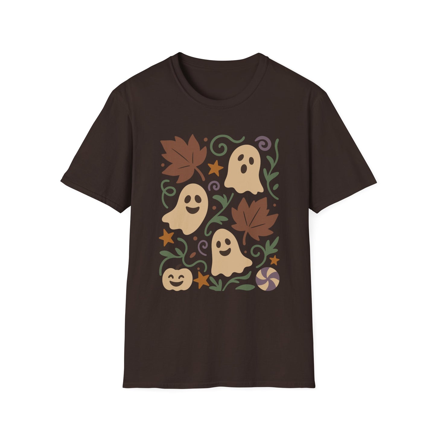 Autumn Ghosts Unisex Softstyle T-Shirt, Fall Fashion, Halloween Tee, Cute Graphic Top, Seasonal Apparel, Festive Wardrobe