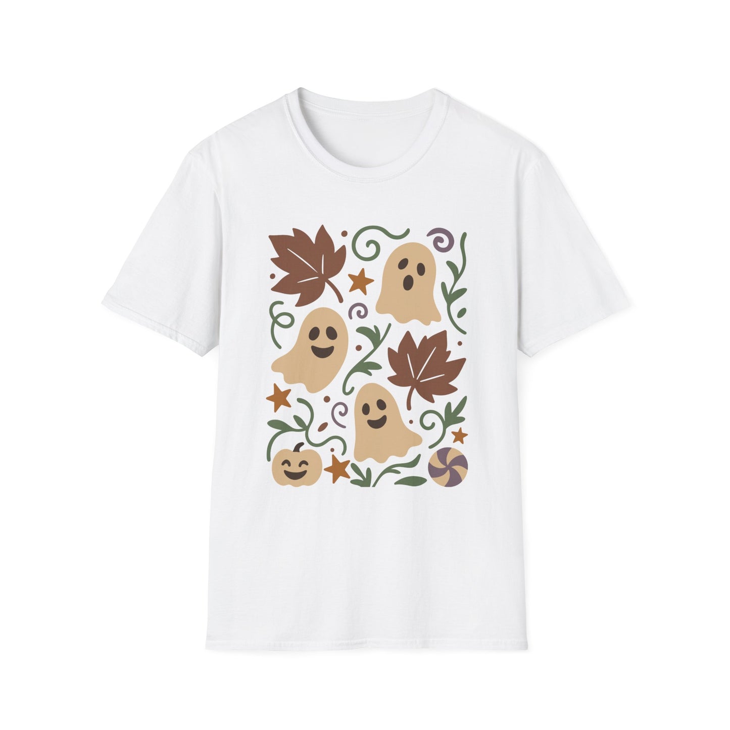 Autumn Ghosts Unisex Softstyle T-Shirt, Fall Fashion, Halloween Tee, Cute Graphic Top, Seasonal Apparel, Festive Wardrobe
