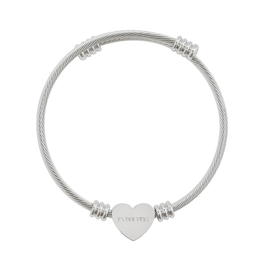 Engravable Heart Cuff Bracelet — Personalized Cable Wire Bangle in Silver or Gold