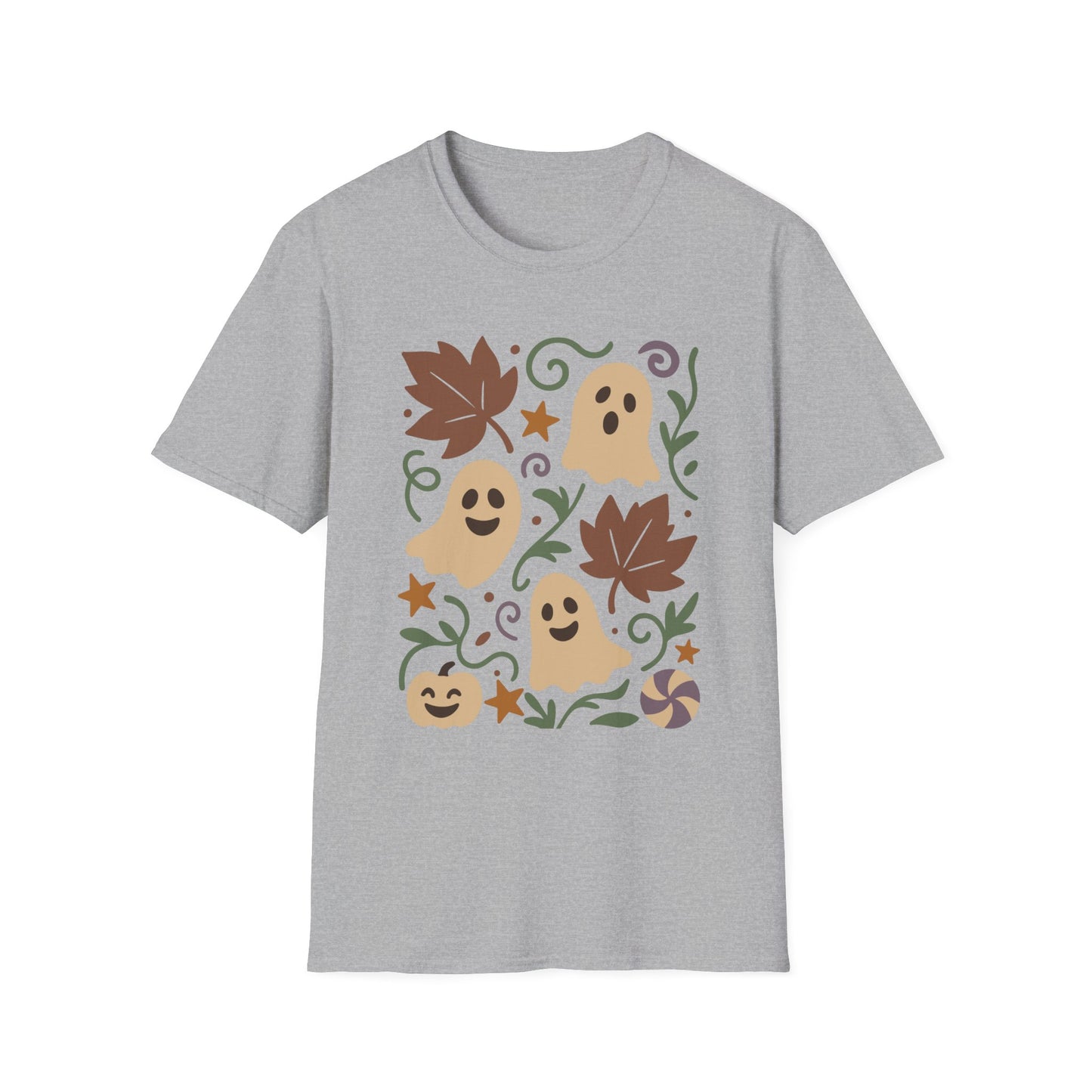 Autumn Ghosts Unisex Softstyle T-Shirt, Fall Fashion, Halloween Tee, Cute Graphic Top, Seasonal Apparel, Festive Wardrobe