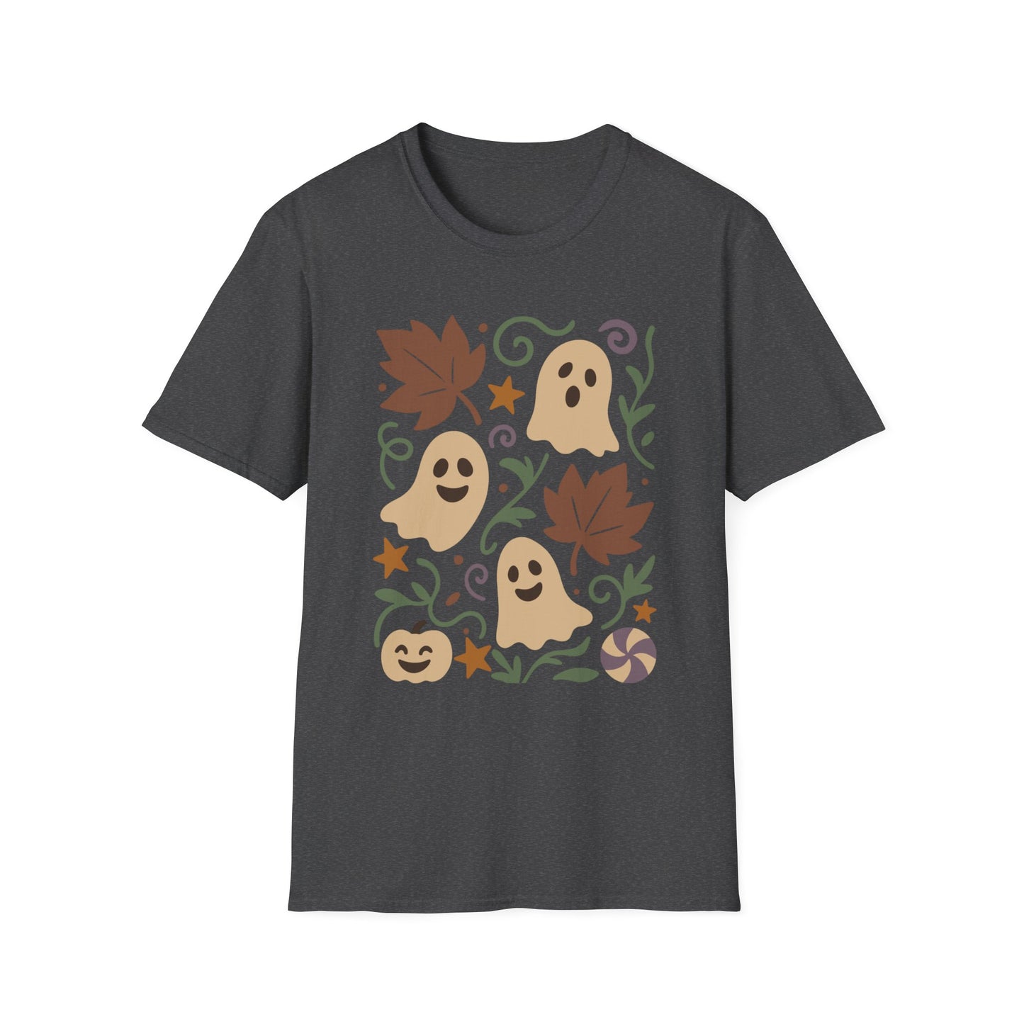 Autumn Ghosts Unisex Softstyle T-Shirt, Fall Fashion, Halloween Tee, Cute Graphic Top, Seasonal Apparel, Festive Wardrobe