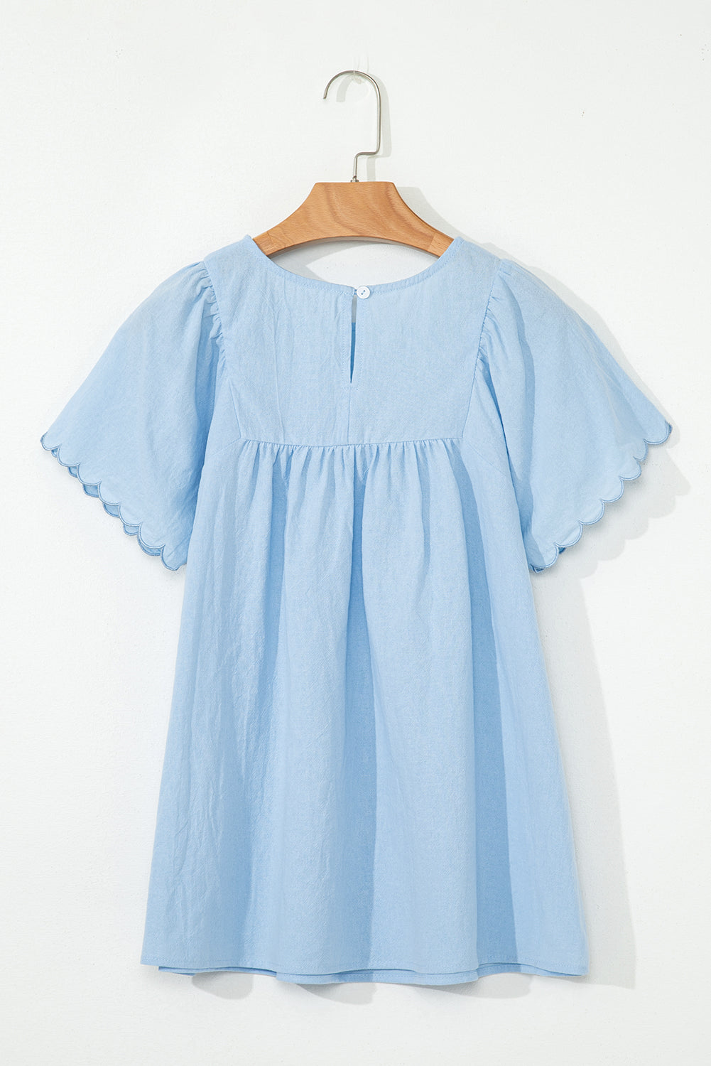 Beau Blue Solid Color Embroidered Scalloped Sleeves Crew Neck Blouse