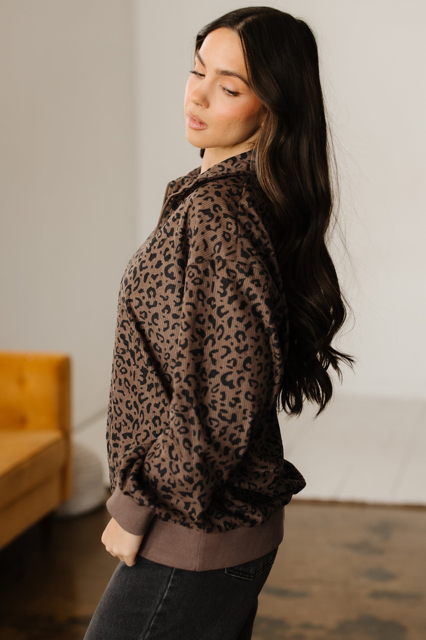 Brown Leopard Print Quarter Zip Corduroy Sweatshirt